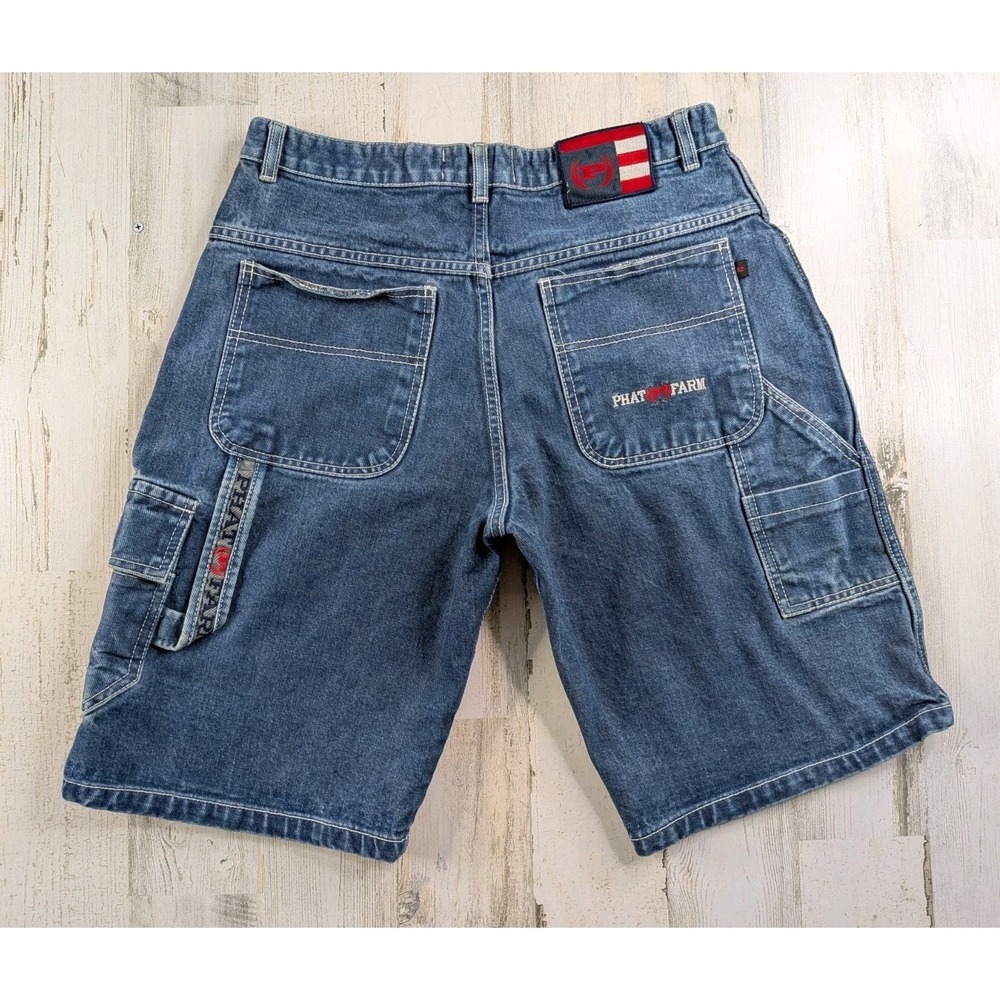 Vintage Phat Farm Mens Cargo Carpenter Embroidered Jean Jorts Blue Size 31